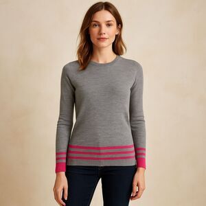 Boden Merino Wool Sweater Gray Hot Pink Stripe Trim Crewneck Women’s M